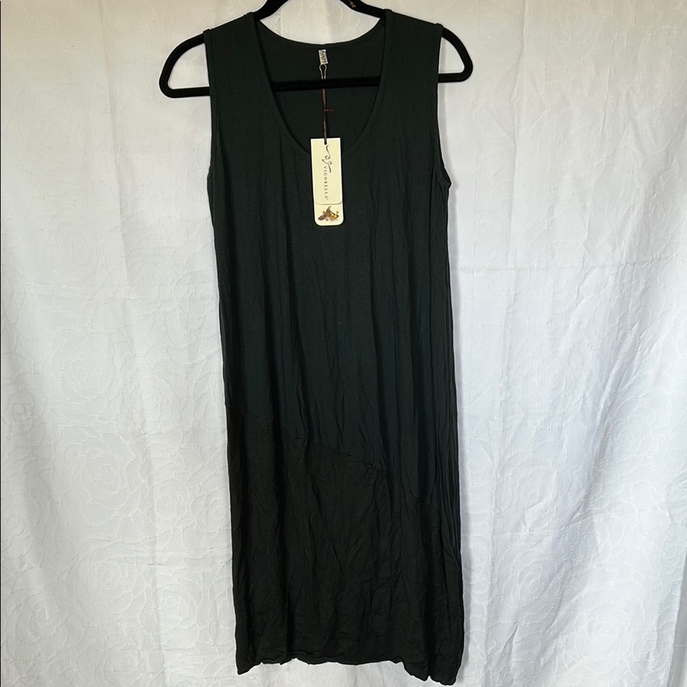 NWT VIGORELLA black Spliced Cocoon soy blend Dress. Size S/M Made in Australia.